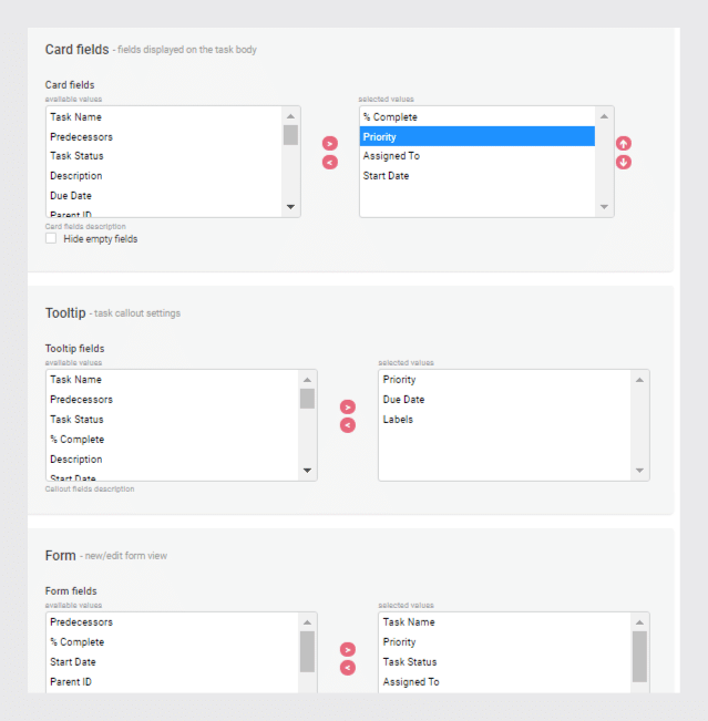 Configuration interface showing Card fields, Tooltip, and Form settings with available and selected field options.
