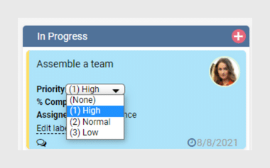 Kanban board task card showing priority dropdown menu with High, Normal, and Low options selected.