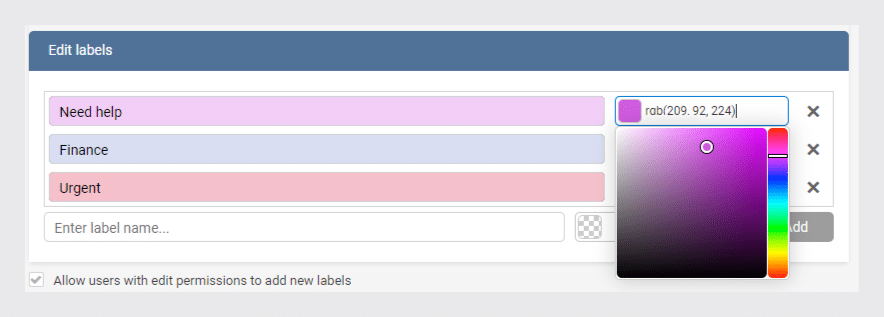 Label editing interface with color picker showing magenta selection and three existing labels.