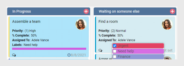Kanban board showing task cards in "In Progress" and "Waiting on someone else" columns with priority