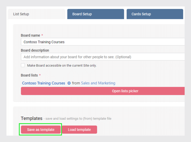 Board setup form for Contoso Training Courses with name, description, and list selection fields