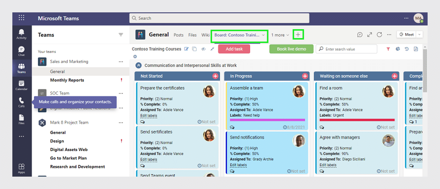 Microsoft Teams interface showing a Kanban board for Contoso Training Courses with task cards organized by status column