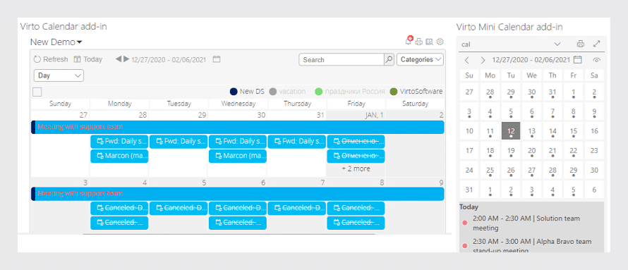 Calendar app interface showing event scheduling with daily tasks and team meetings displayed across weeks.