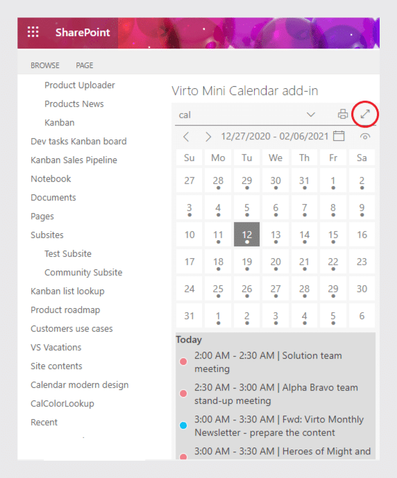 SharePoint calendar interface showing Virto Mini Calendar add-in with December 2020 view and upcoming meetings listed.