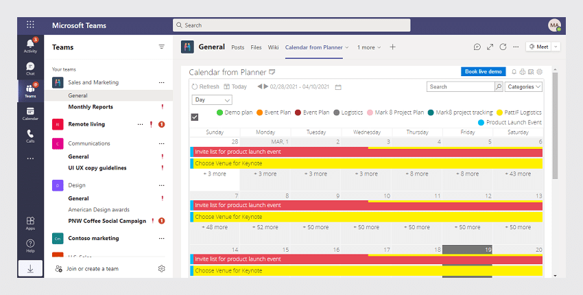 Microsoft Teams calendar view displaying Planner tasks with color-coded events and schedule details.