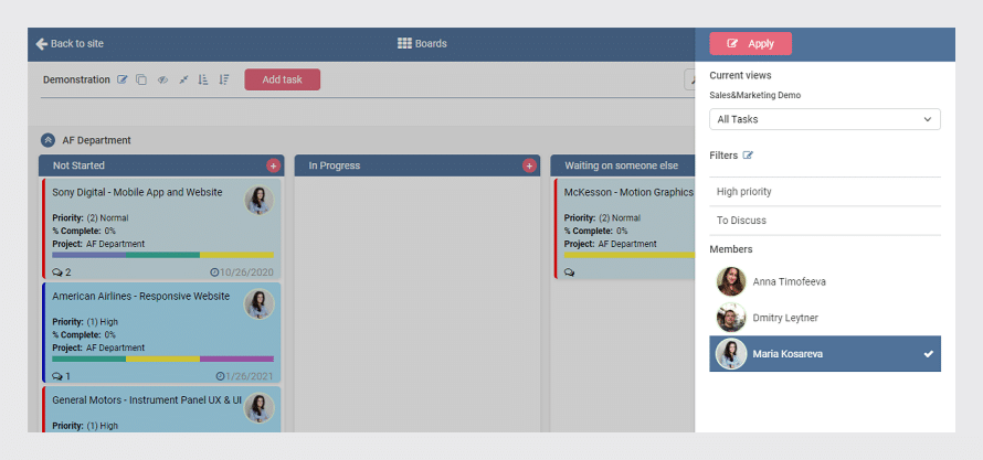 Kanban board showing tasks organized in columns: Not Started, In Progress, and Waiting, with team member details on the 