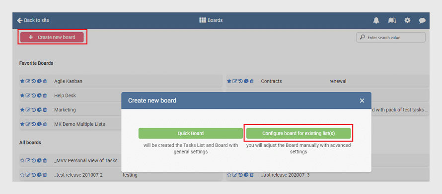 Dialog for creating a new Kanban board with Quick Board and Configure board options