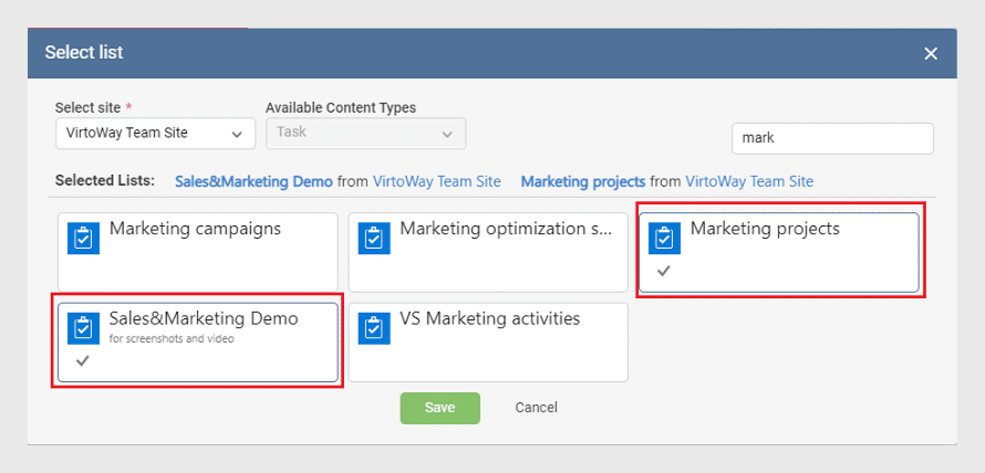 Dialog for selecting multiple SharePoint lists with checkboxes and Save button