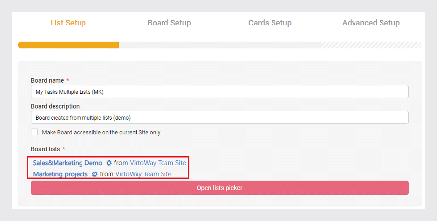 List Setup tab showing board name, description, and selected lists configuration form