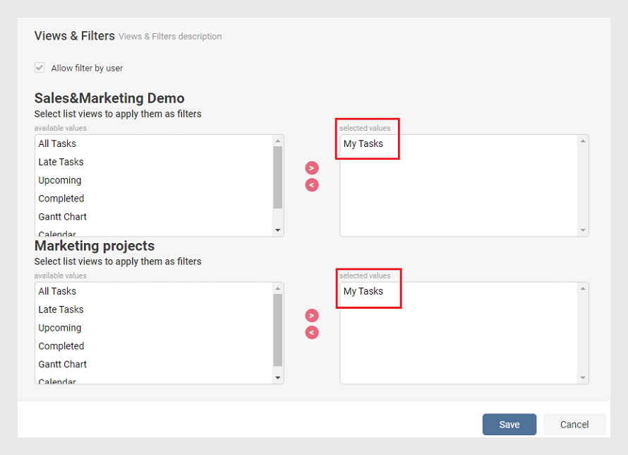 Configuration panel for Views & Filters showing task list selection with "My Tasks" highlighted in red boxes.
