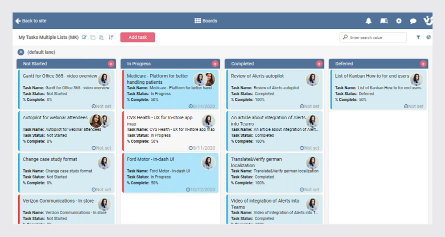 Kanban board showing tasks organized in four columns: Not Started, In Progress, Completed, and Deferred.