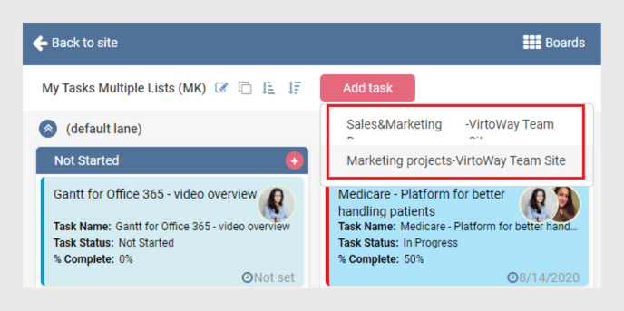 Multiple task lists interface showing project management boards with tasks in different stages.