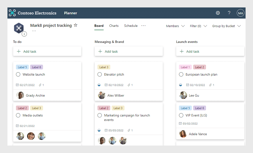 Microsoft Planner board showing Mark8 project tracking with three columns: To do, Messaging & Brand, and Launch events.