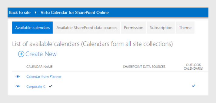 SharePoint Online Virto Calendar configuration showing available calendars list with Planner and Corporate Calendar opti