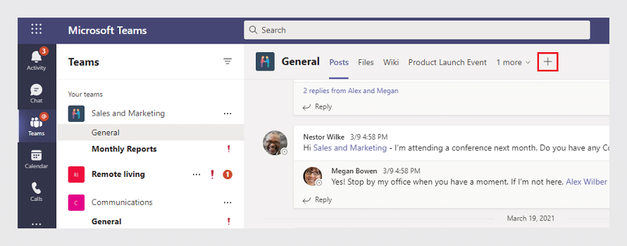 Microsoft Teams interface showing General channel with conversation posts from team members Nestor Wilke and Megan Bowen