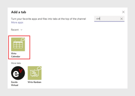 Add a tab dialog showing Virto Calendar and other Virto app options for Teams