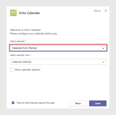 Virto Calendar configuration dialog with calendar selection dropdown and save options