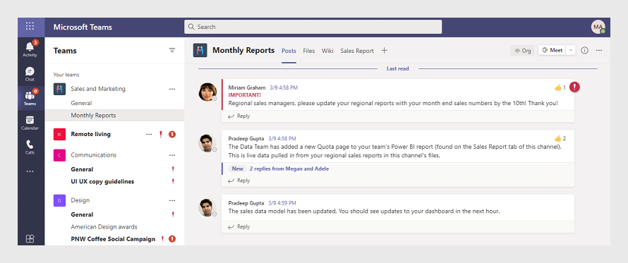 Microsoft Teams interface showing Monthly Reports channel with conversation messages from team members about sales repor