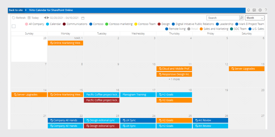 SharePoint Online calendar view showing multiple colored tasks and events scheduled across March 2020.