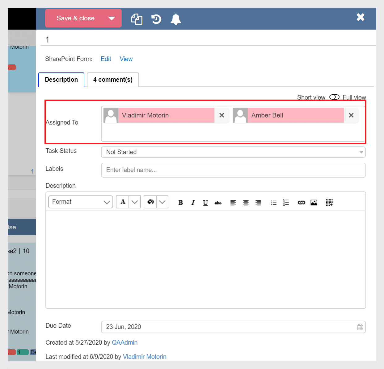 SharePoint task form showing assigned users Vladimir Motorin and Amber Bell with task status and due date fields.