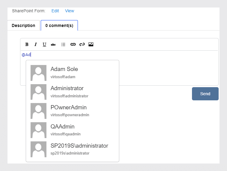 SharePoint form comment field with @mention user dropdown showing Adam Sole, Administrator, POwnerAdmin, QAAdmin, and SP