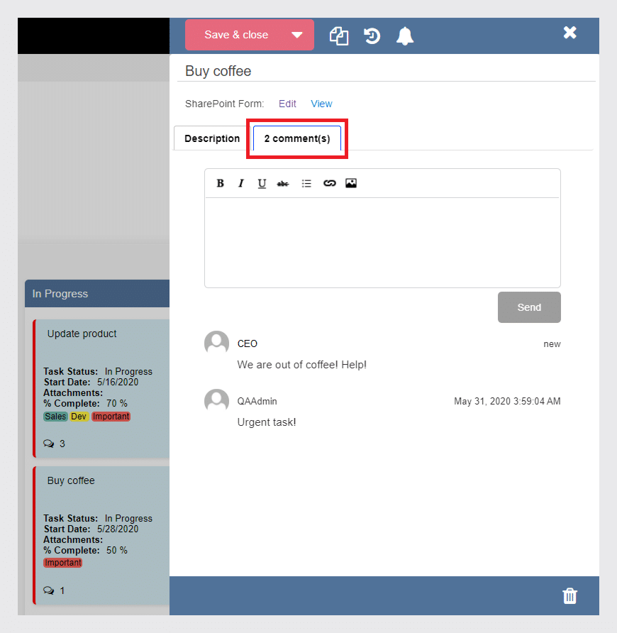 SharePoint task management interface showing "Buy coffee" item with 2 comments and task details in progress.