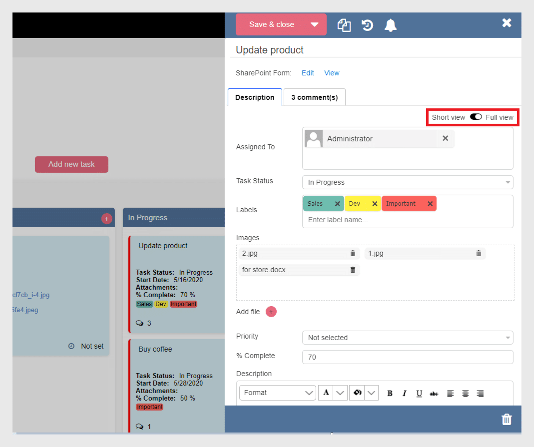 SharePoint task management form showing "Update product" task with status, labels, images, and description fie