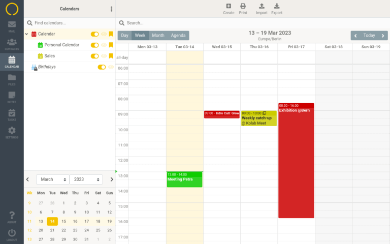 Google Calendar week view showing scheduled events from March 13-19, 2023 with color-coded appointments.