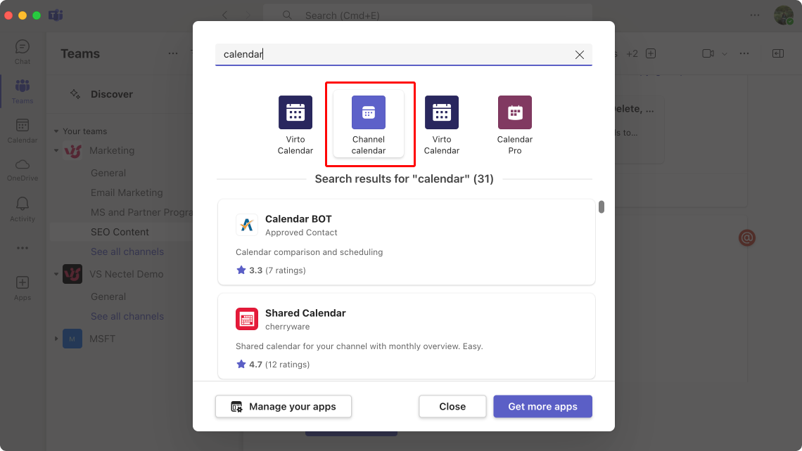 Pic. 3. Looking for channel calendar within available apps.