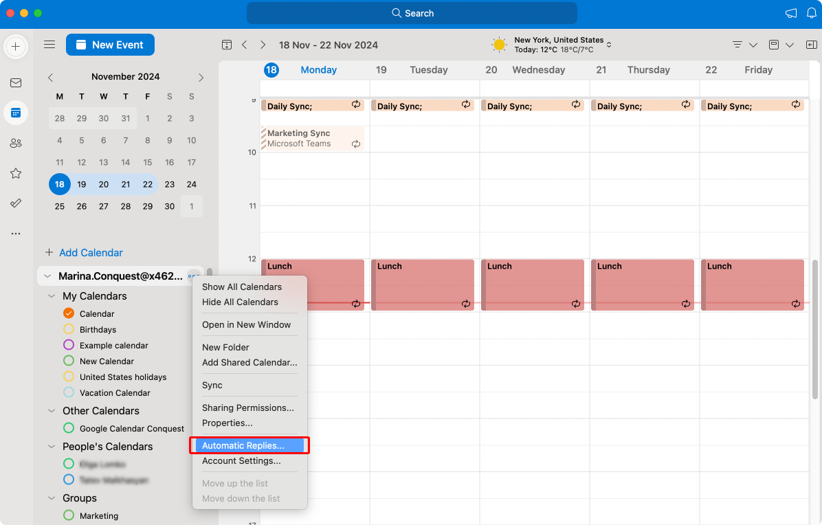 Pic. 5. Navigating to “Automatic replies” in Outlook for Mac.