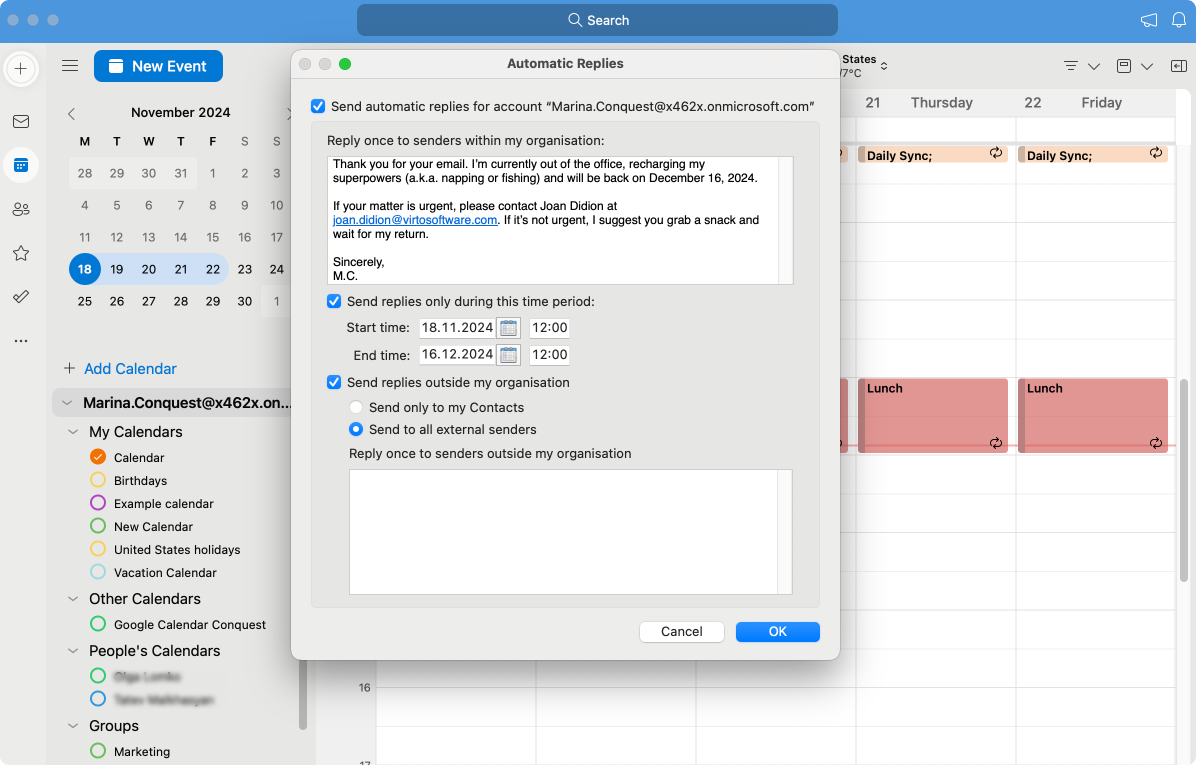 Pic. 6. Configuring your automatic reply on Outlook for Mac.