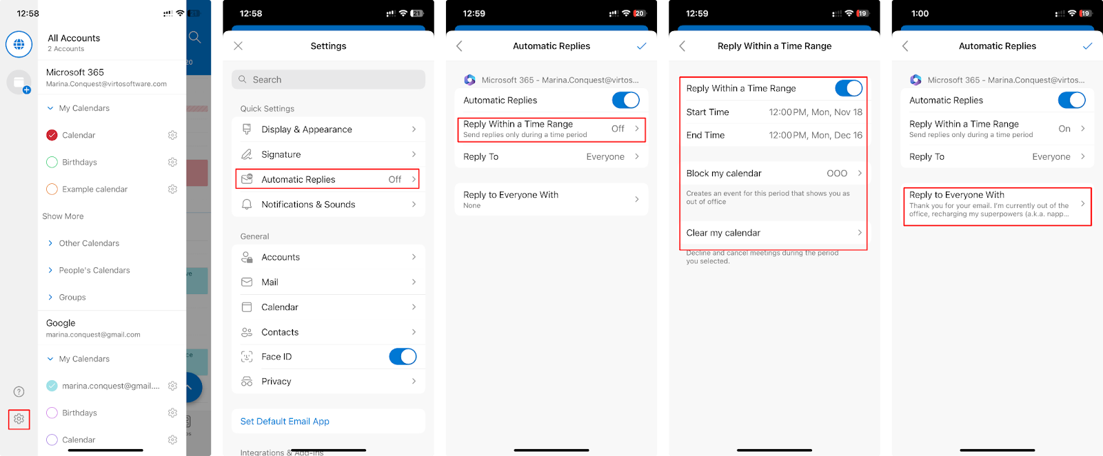 Pic. 7. Configuring your automatic reply on Outlook for mobile.