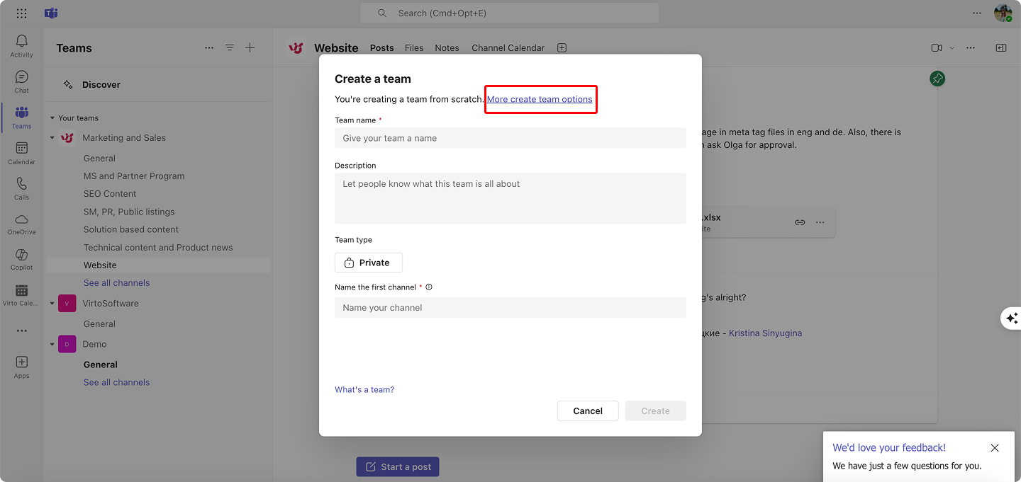 Pic. 9. Creating a team from scratch or clicking on “More create team options” to create a team from a template or
