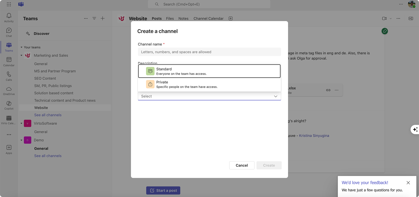 Pic. 13. Creating a channel and choosing privacy settings.