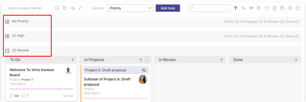 Example swimlanes in the Virto Kanban Board App organizing work by priority