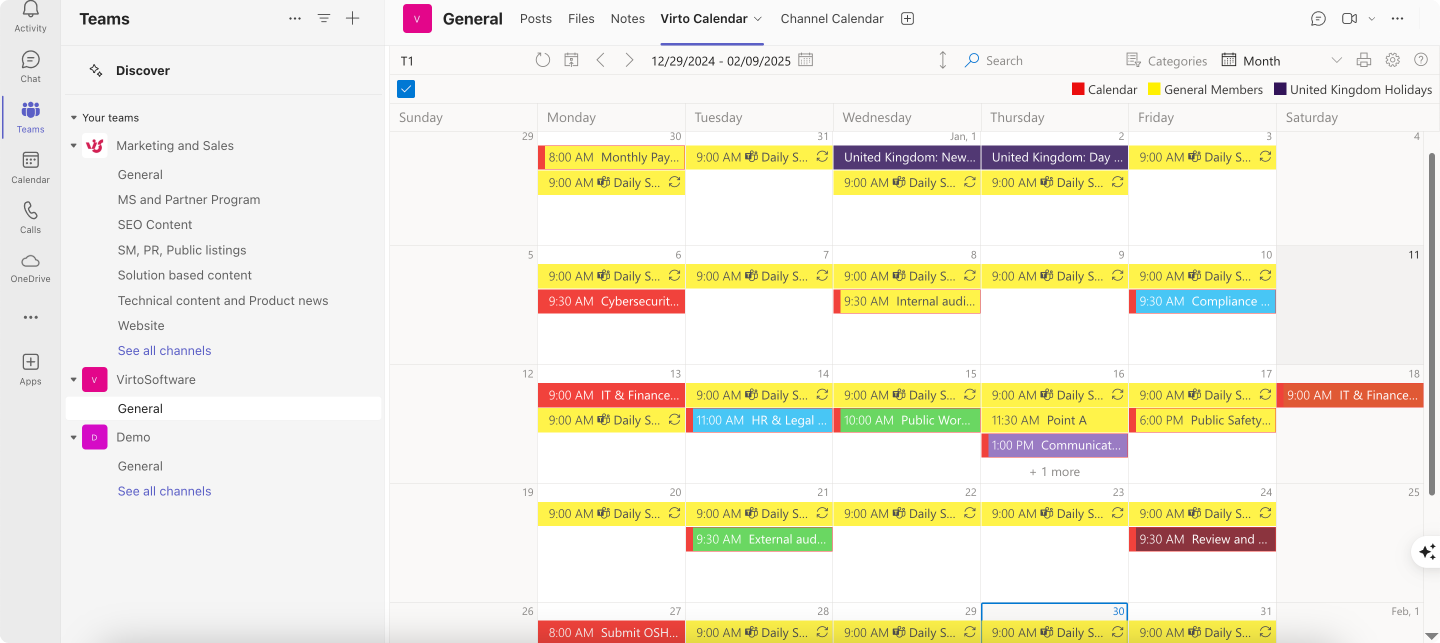 Pic. 5. Sample color-coded monthly view of the Virto Calendar App within Microsoft Teams.