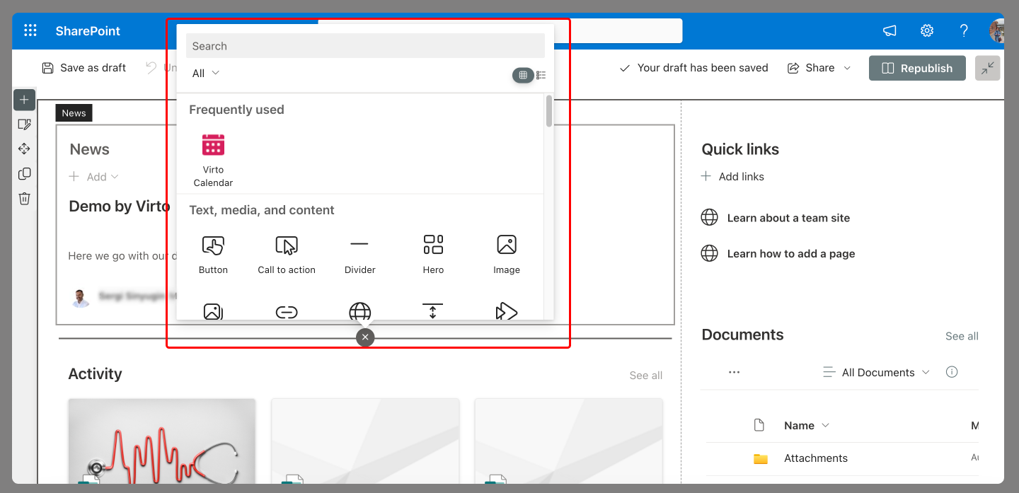 Look for a web part to add in the “web part” box.