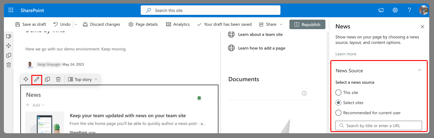 Click on the “pencil” icon to edit the web part