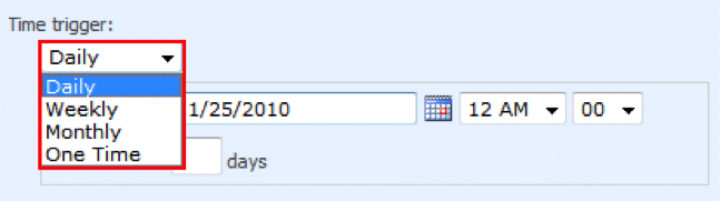 Workflow time trigger dropdown menu with Daily, Weekly, Monthly, and One Time options