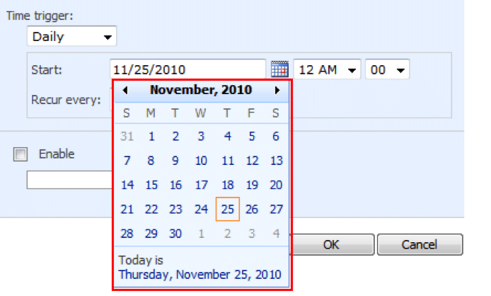 Calendar date picker showing November 2010 with November 25th selected for daily workflow scheduling