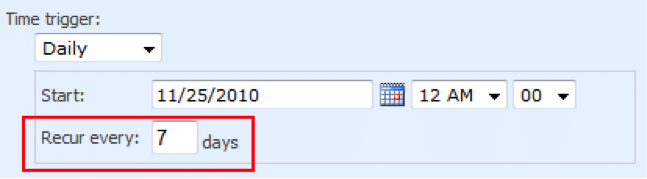 Time trigger settings showing daily recurrence every 7 days starting 11/25/2010 at 12 AM