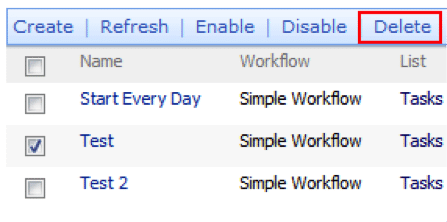Workflow list interface showing three workflows with checkboxes and action buttons including Delete.