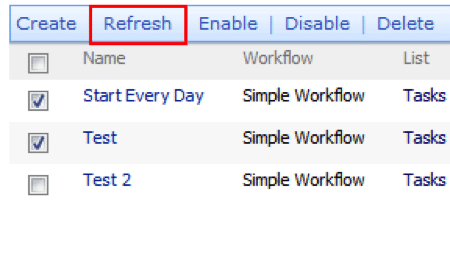 SharePoint workflow management interface with Create, Refresh, Enable, Disable, and Delete buttons above a list of workf
