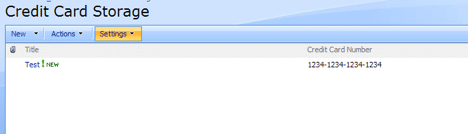 SharePoint Credit Card Storage interface showing stored card number field