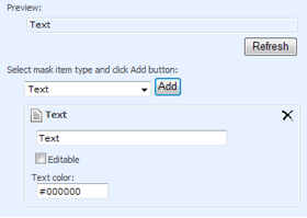 SharePoint custom field configuration interface showing text field settings with color options