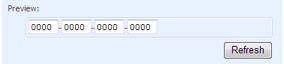 Credit card field preview showing four masked digit groups and a Refresh button