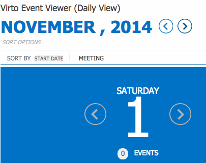 Virto Event Viewer showing November 1, 2014 with 0 events scheduled