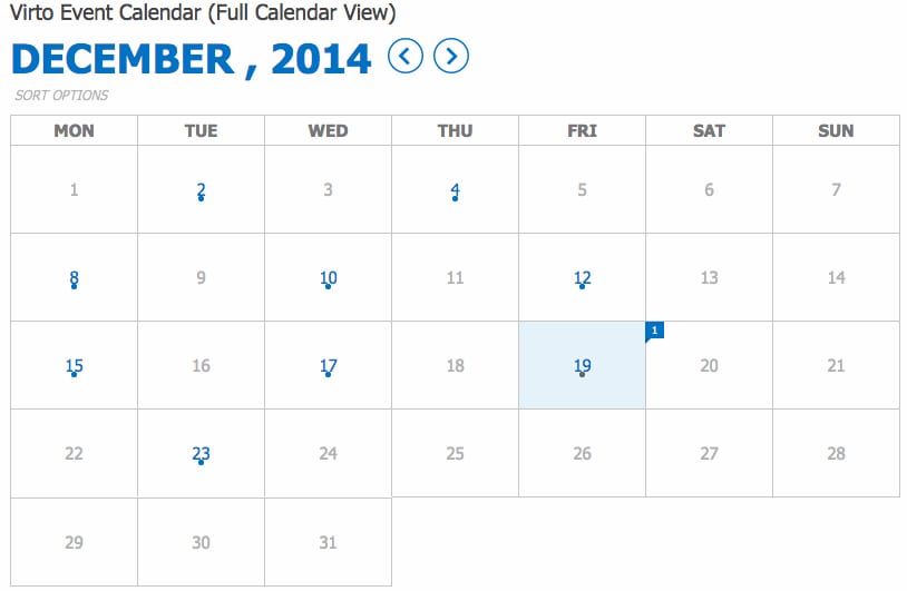 December 2014 calendar view showing event dates highlighted in blue