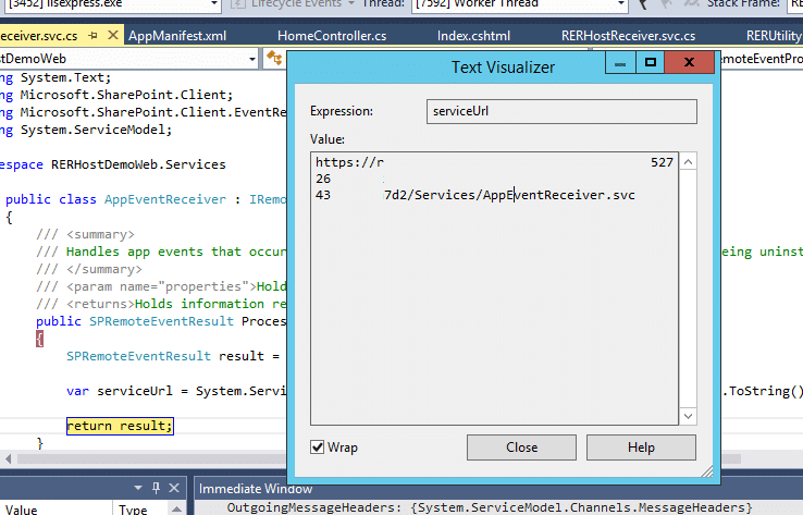Visual Studio debugger showing serviceUrl variable value in Text Visualizer window during remote event receiver debuggin
