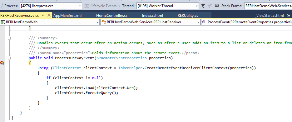 C# code for ProcessOneWayEvent method handling remote event receivers in SharePoint